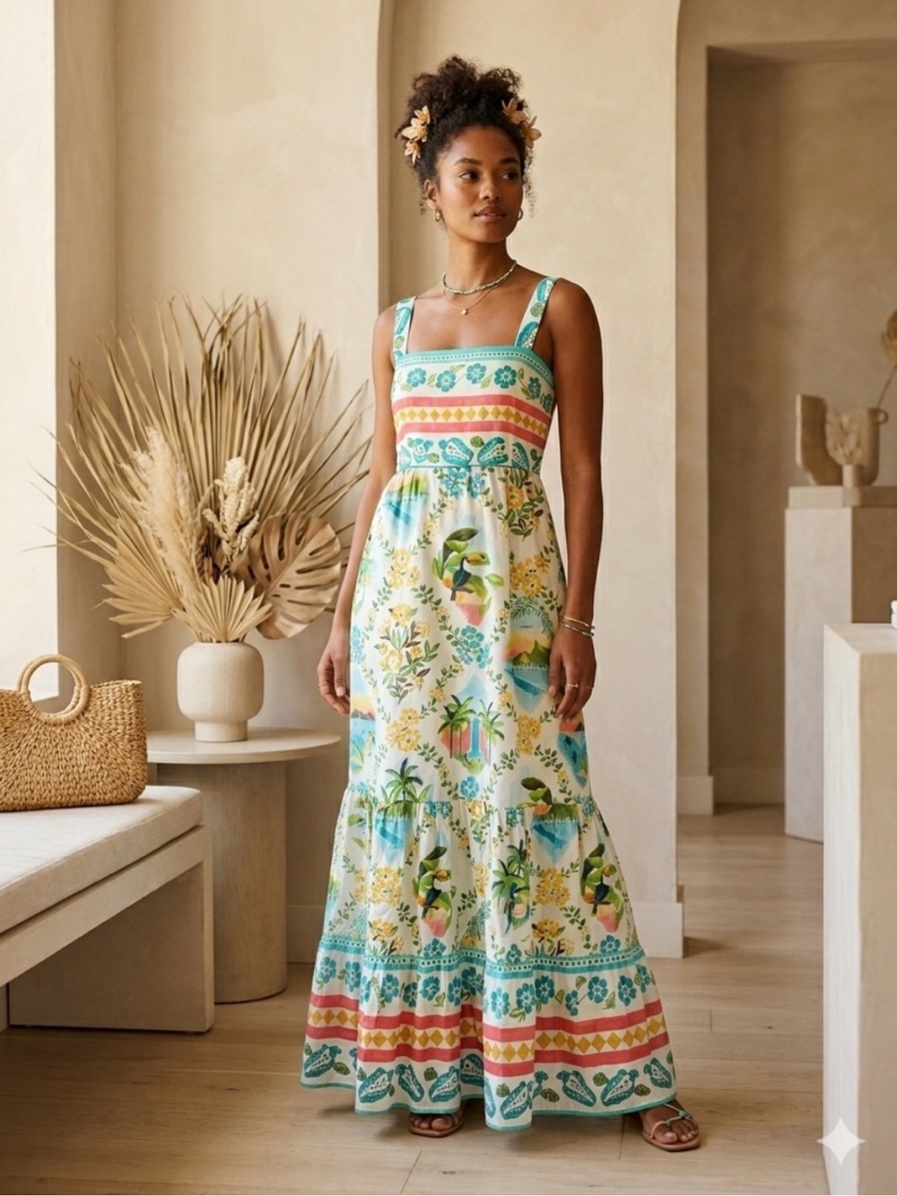 NWOT Farm Rio x Anthropologie Tropical Print Maxi Dress Small Petite